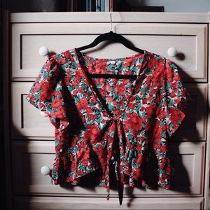 Floral tie-front ruffle crop top